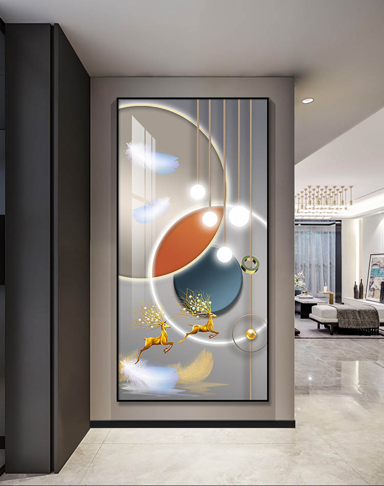 禄达圆满 入户玄关装饰画轻奢发财鹿门厅挂画过道装饰壁画晶瓷画