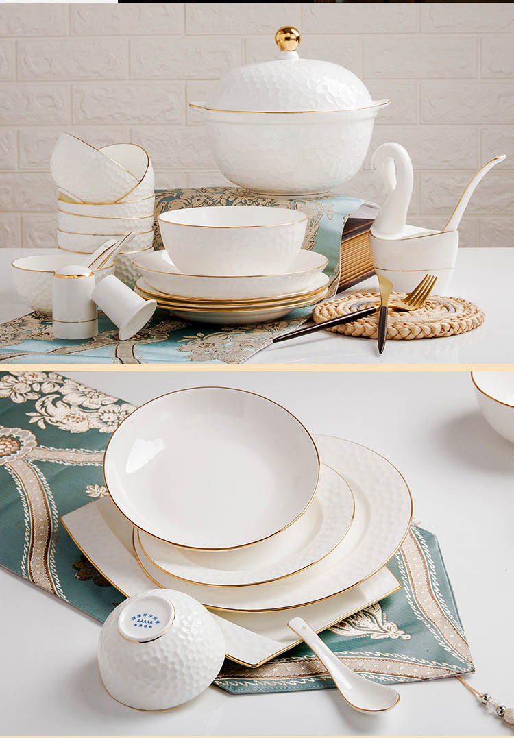 景德镇陶瓷餐具欧式水立方创意骨瓷碗盘碗筷碗碟套装轻奢金边简约