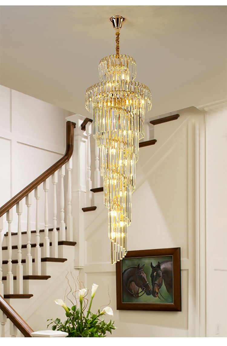 欧式复式楼客厅大吊灯别墅楼中楼水晶灯后现代轻奢旋转楼梯长吊灯