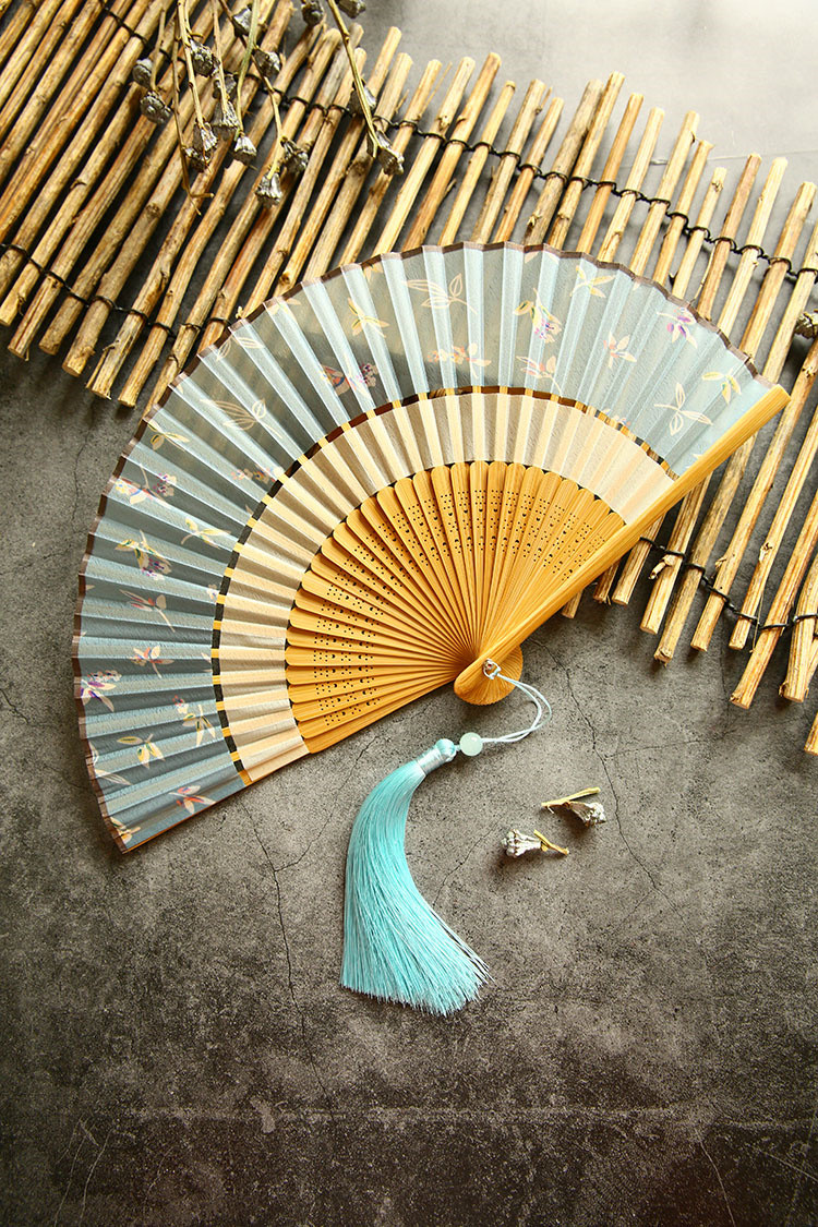 女式真丝竹柄折扇子两节复古风江南古风摄影道具带流苏夏天便携