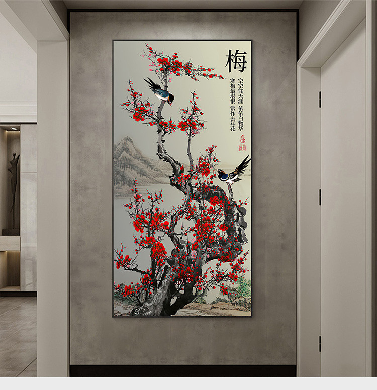 喜上眉梢新中式入户玄关竖版走廊过道壁画中国风进门墙挂画