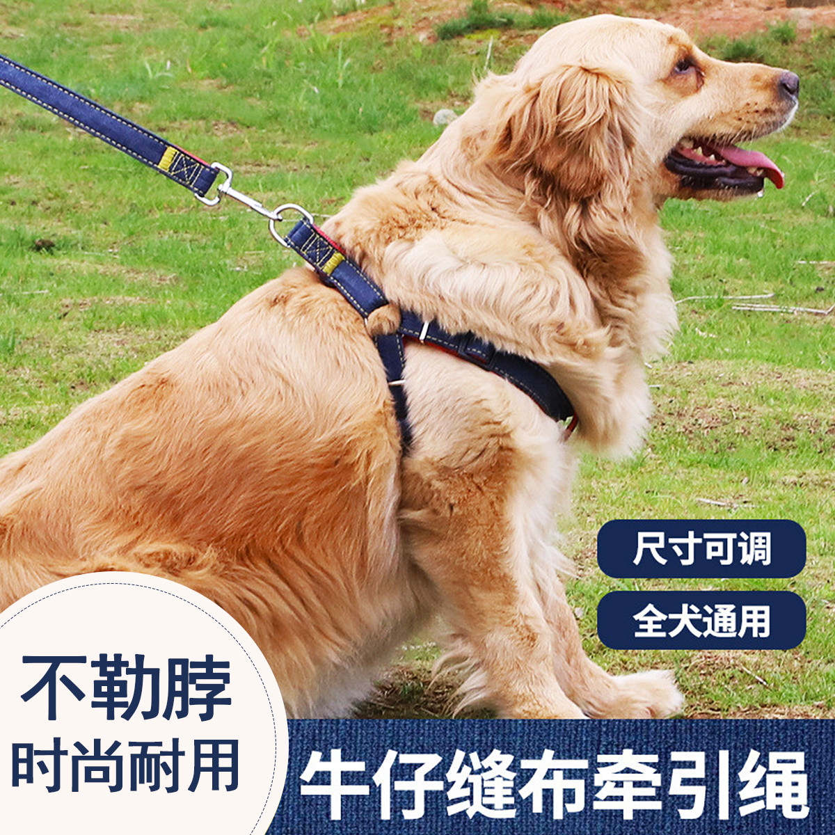 KimPets 狗链子狗绳子  狗狗牵引绳胸背带中小型犬耐磨牛仔缝布狗绳子遛狗