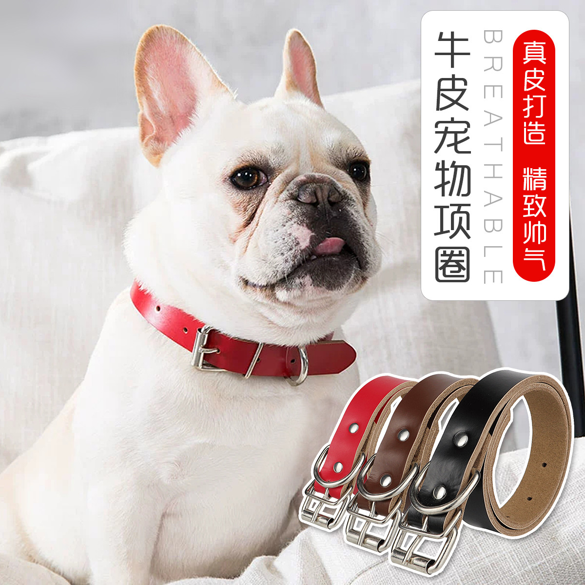 KimPets 【真皮】牛皮狗项圈边牧金毛中大型宠物狗项圈狗链子防爆冲狗脖圈