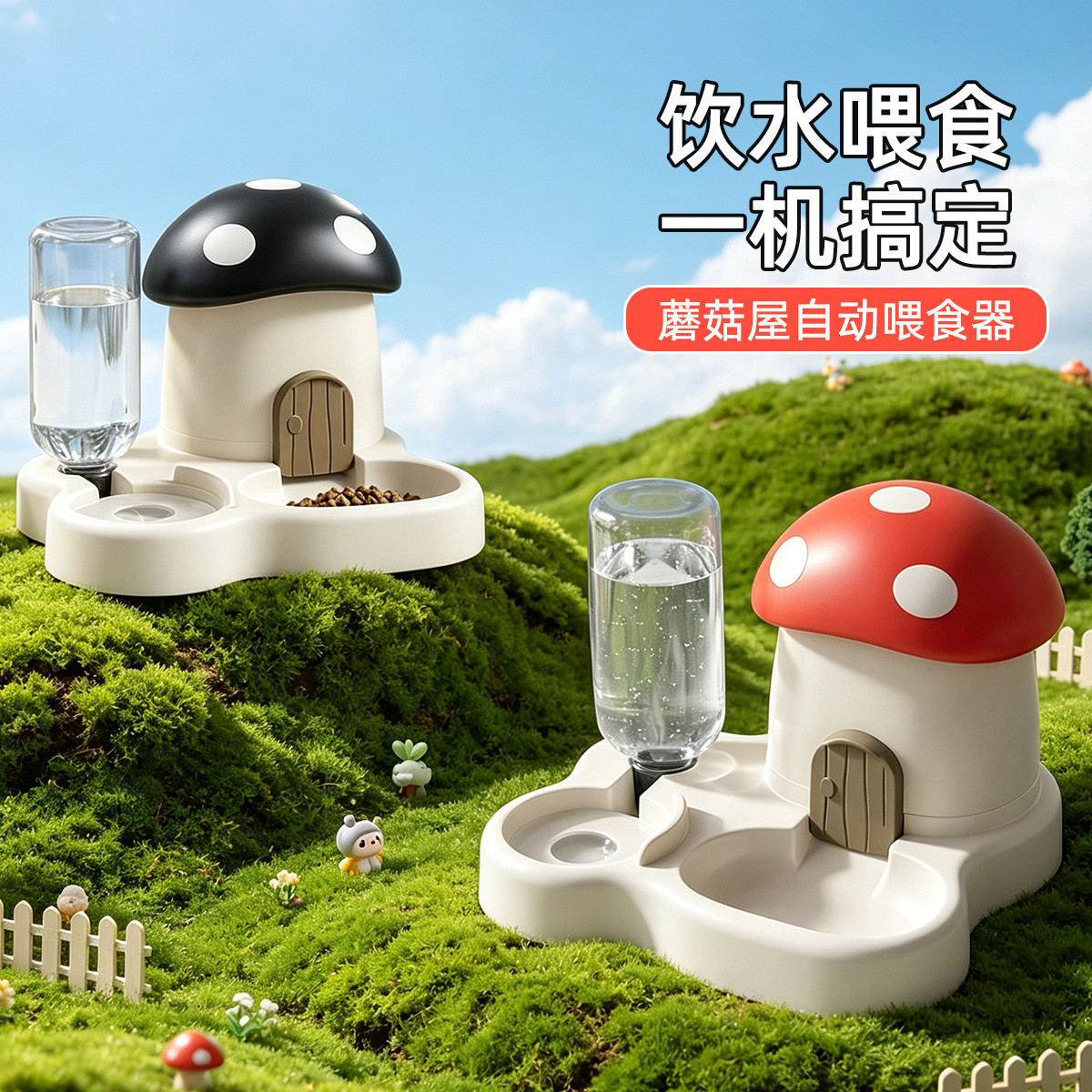 贝倍趣 猫咪自动喂食器饮水机宠物喂食喂水一体式可爱蘑菇屋宠物喂食饮水
