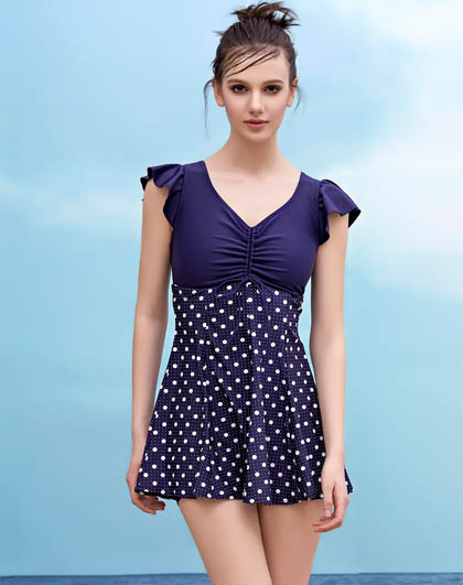 经典波点 女士沙滩温泉连体裙式游泳泳衣 带袖保守修身显瘦