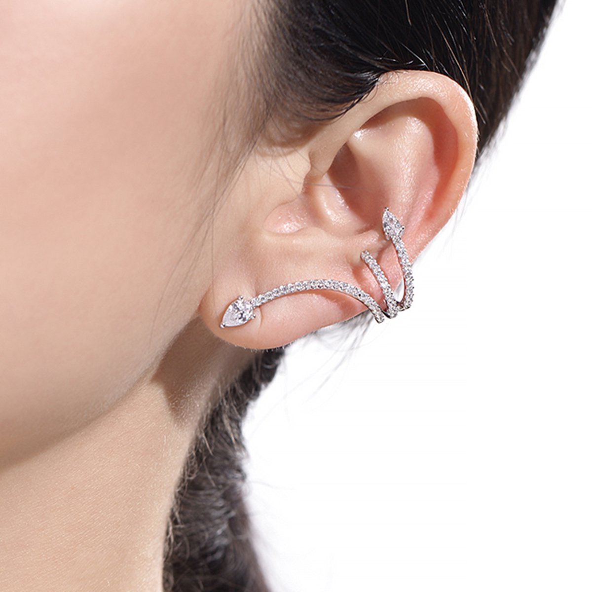 kmonado 蛇形s925银针锆石耳挂耳钉女 右耳耳骨夹精致小耳环-左耳