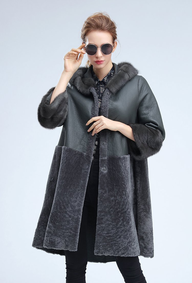 女款水貂毛领羊毛皮皮毛一体