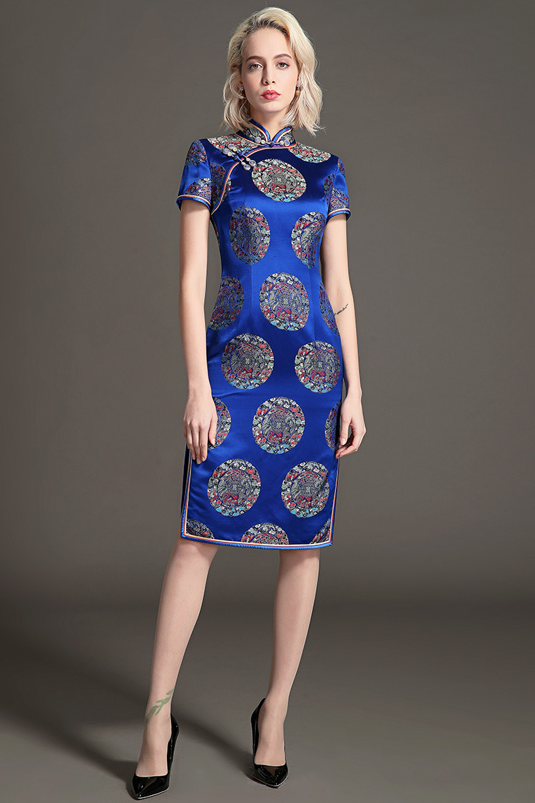 女款宝蓝色织锦缎旗袍