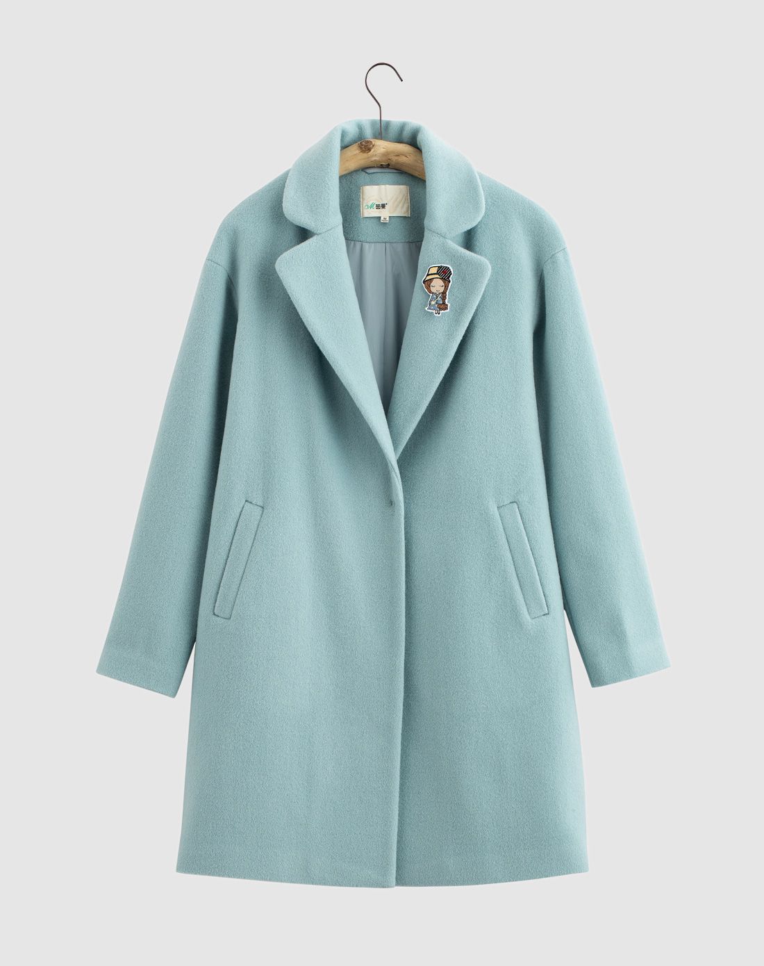 茵曼【范玮琪同款】豆绿色简约翻领中长款毛呢大衣外套女款大衣女