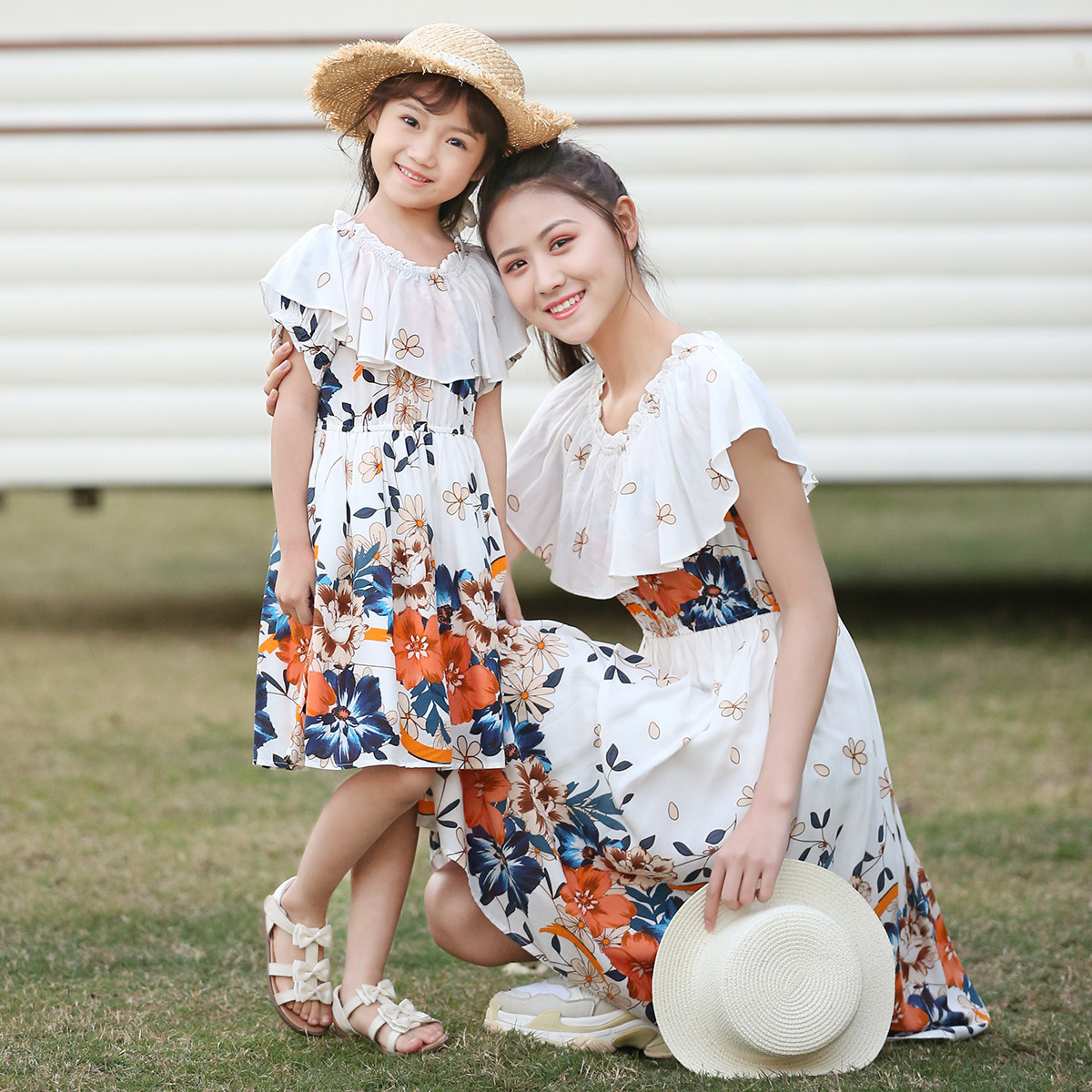 茵曼母女亲子装连衣裙女款夏季新款v领无袖印花裙子