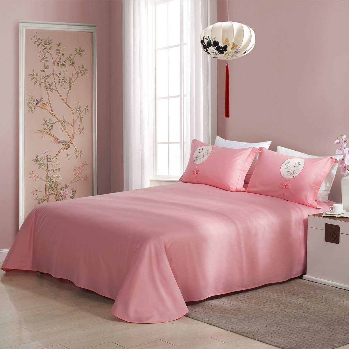 全棉原创绣花四件套新中式刺绣四件套床单款床上用品四件套-宴溪清/粉