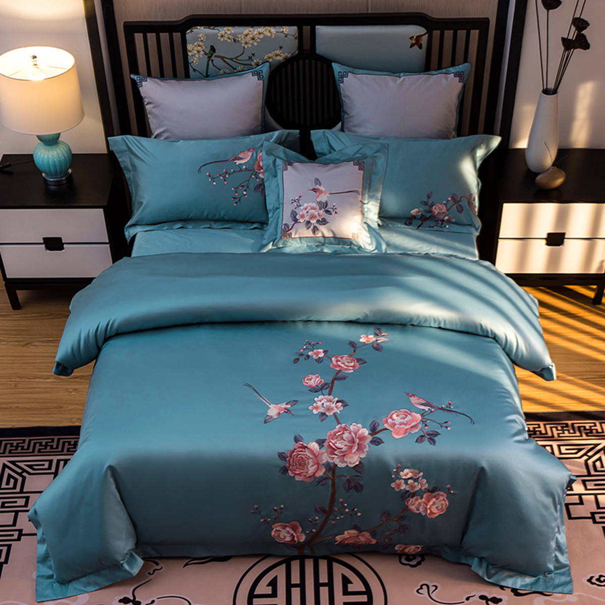 中国风民族刺绣花卉纯棉全棉床上用品被套四件套套件