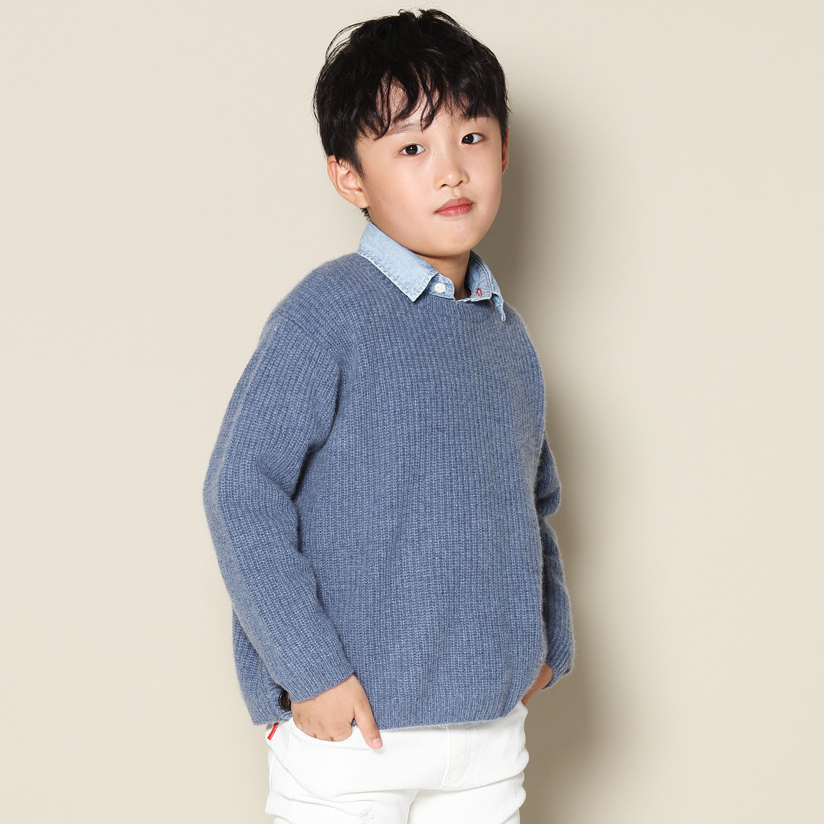 皮皮狗纯山羊绒圆领廓形男孩童装