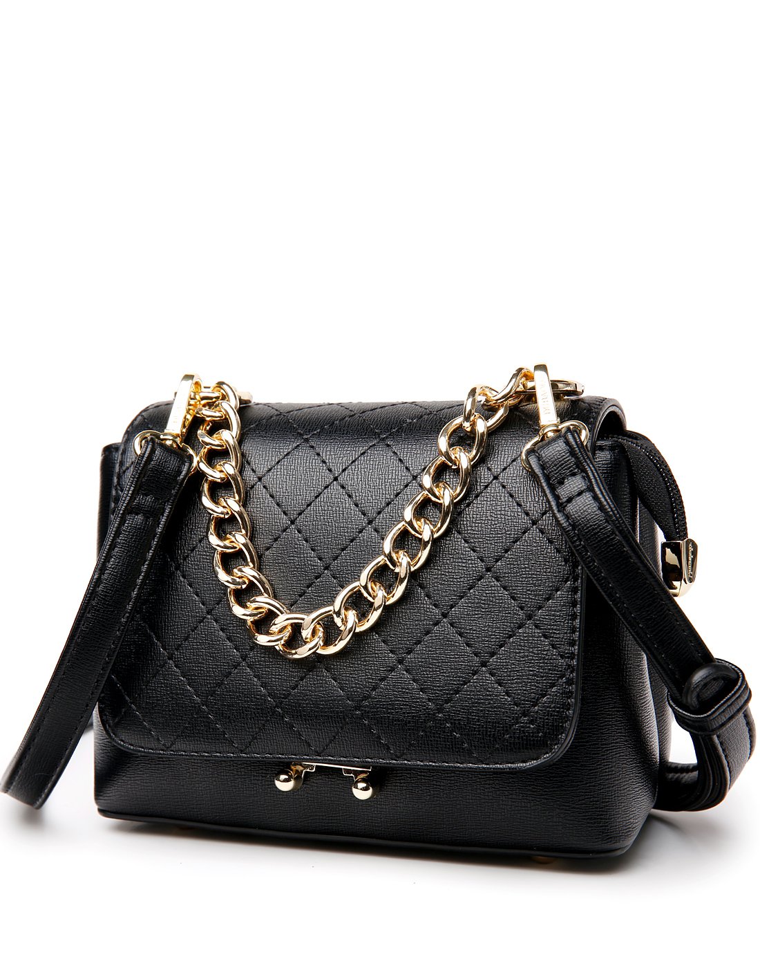 时尚菱格 链条夹扣小方包灰色