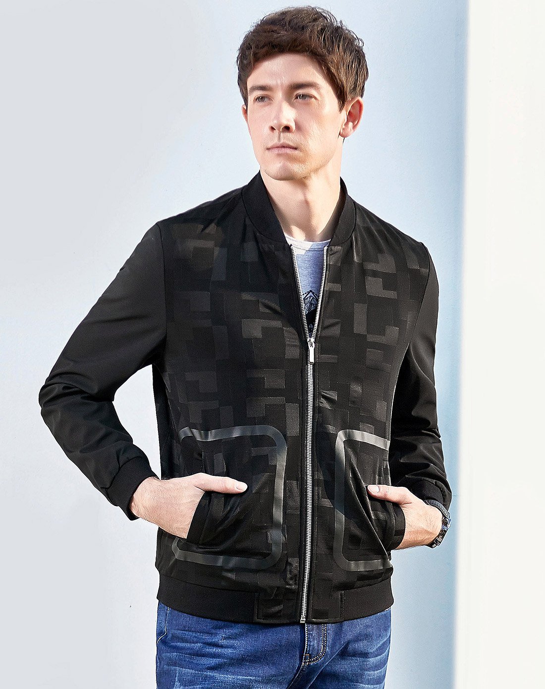 柒牌男装特卖旗舰店(旧)春装 时尚印花帅气棒球领修身夹克衫113k200