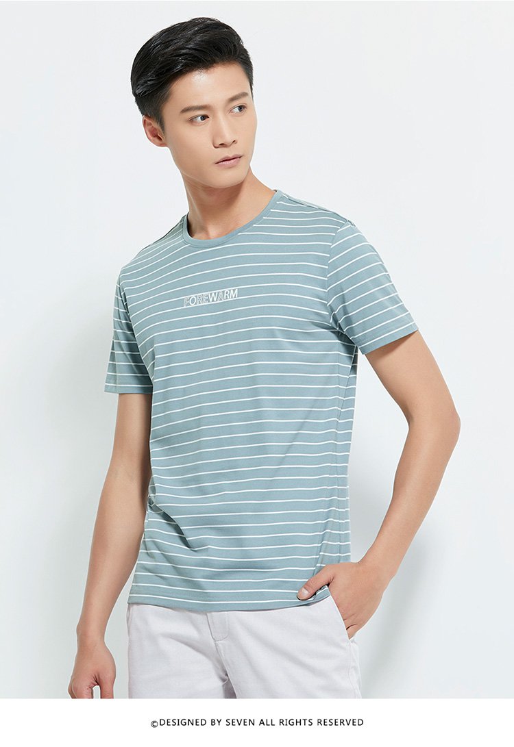 夏装 时尚印花经典条纹圆领男士纯棉短袖t恤