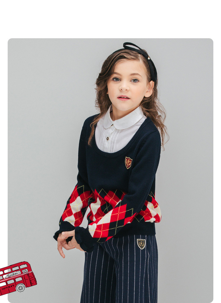 常春藤童装装新款女羊毛格子提花假两件毛衣