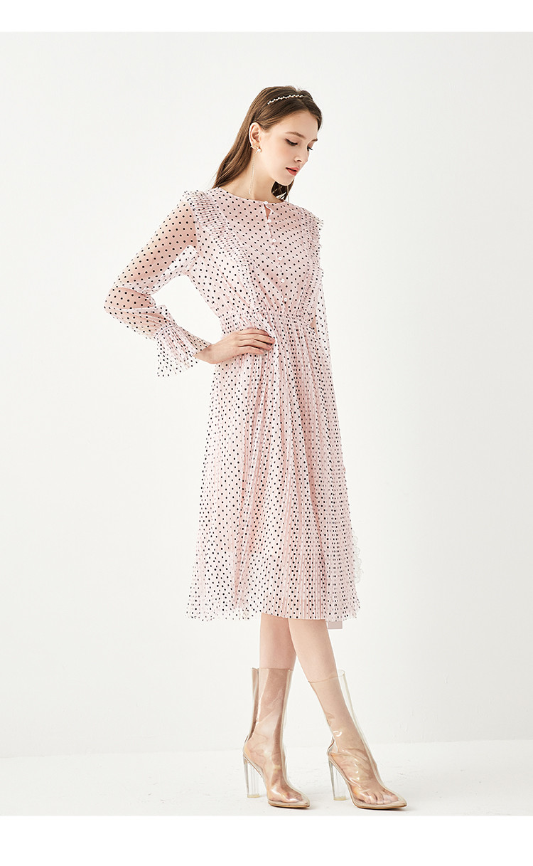 新款简约波点网纱优雅连衣裙女士时尚荷叶边休闲裙子