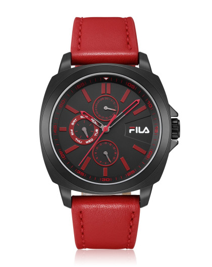 斐乐fila 时尚撞色线条刻度多功能三眼男士石英手表