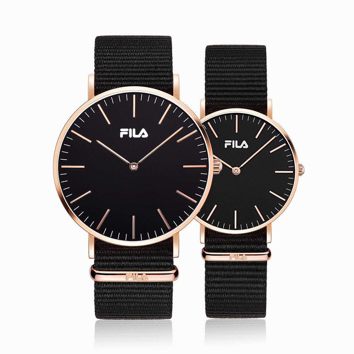 斐乐fila 时尚休闲玫瑰金黑表盘尼龙表带情侣手表