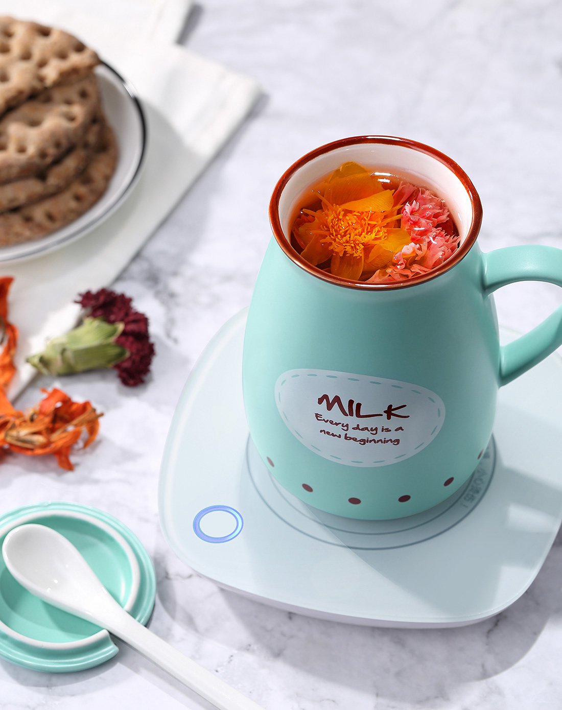 金正lb01恒温马克杯带盖勺55度暖暖保温加热杯子陶瓷咖啡牛奶情侣创意