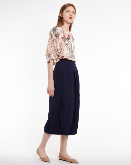 贝尔尼尼女装印花钉珠流苏桑蚕丝圆领七分袖上衣