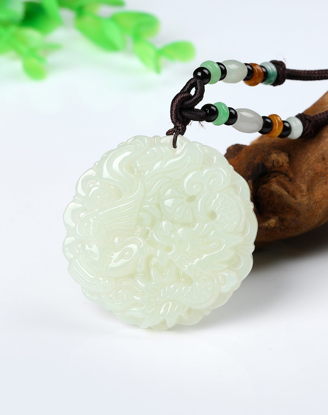 uve 俏雕龙凤双圆牌天然和田白玉吊坠/玉挂件