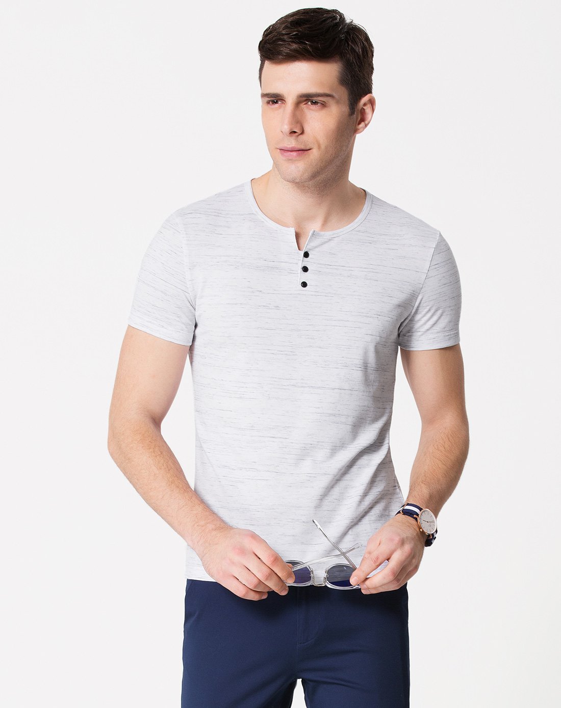 2017新品 透气修身弹力百搭纯色亨利领短袖t恤