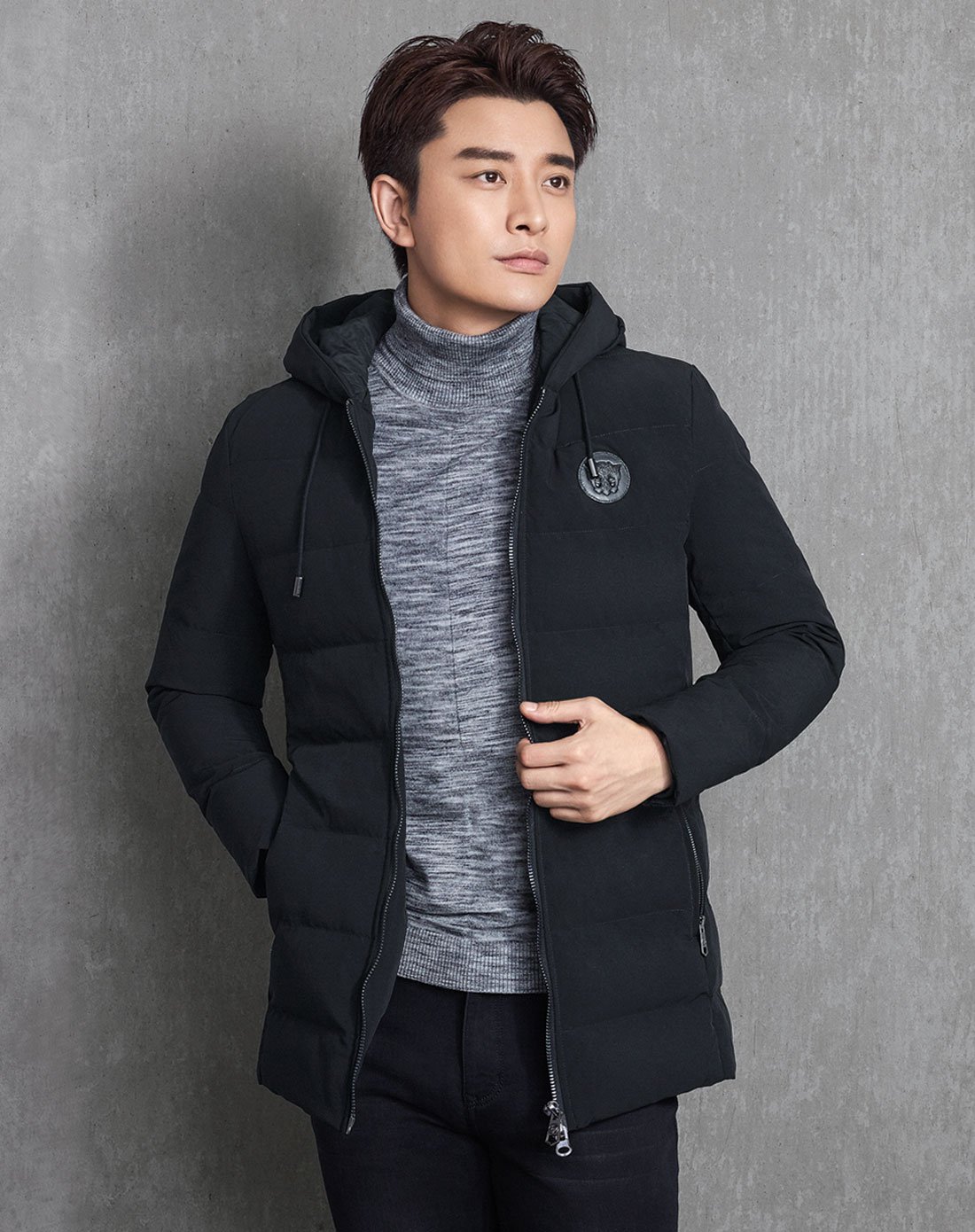 【贾乃亮明星同款】保暖时尚休闲纯色连帽长袖羽绒服