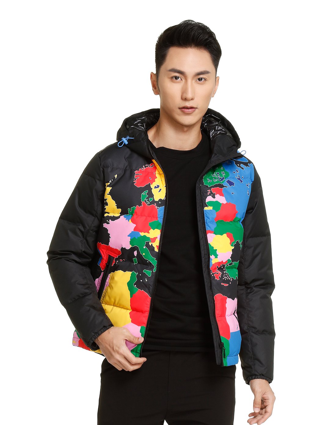 鞋服专场李宁li-ning 保暖地图印花 男款黑配多色连帽长袖羽绒外套