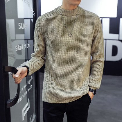 秋季新款毛衣男大身净色立体花型男士半高领毛衣