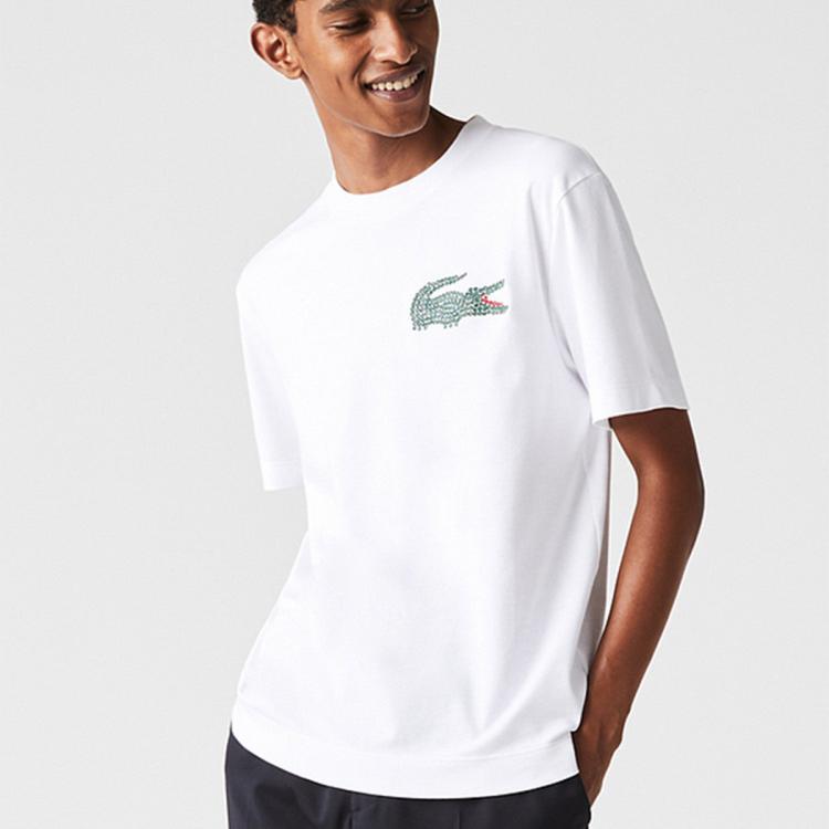 Lacoste 法国鳄鱼男装经典纯棉印花logo休闲圆领短袖t恤衫 In White