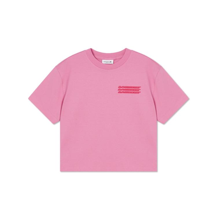 Lacoste Kids'  法国鳄鱼女装简约字母印花短款圆领短袖t恤 In Pink