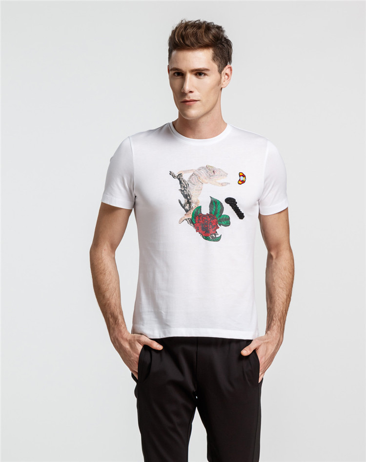 男士短袖t恤多彩变色龙图案数码喷绘设计潮流圆领男士短袖t恤