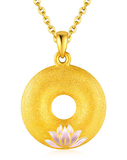 六福珠宝 足金珐琅荷花黄金吊坠女款立体平安扣链坠不含项链 定价