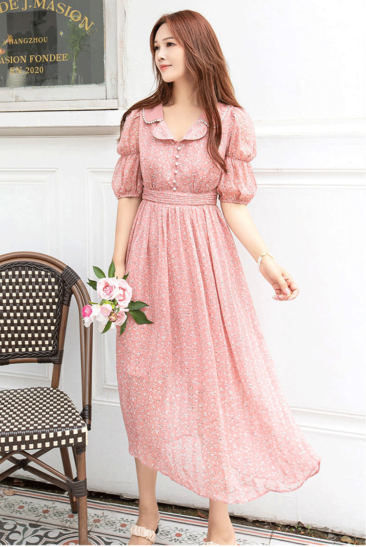 甜美淑女风裙子连衣裙夏女复古个性珍珠装饰长裙减龄小清新连衣裙