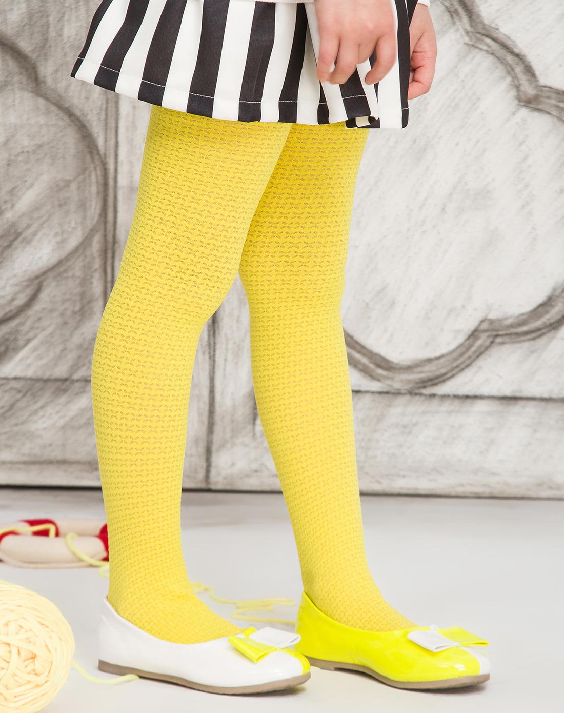 女童纯色x花纹提花连裤袜黄色