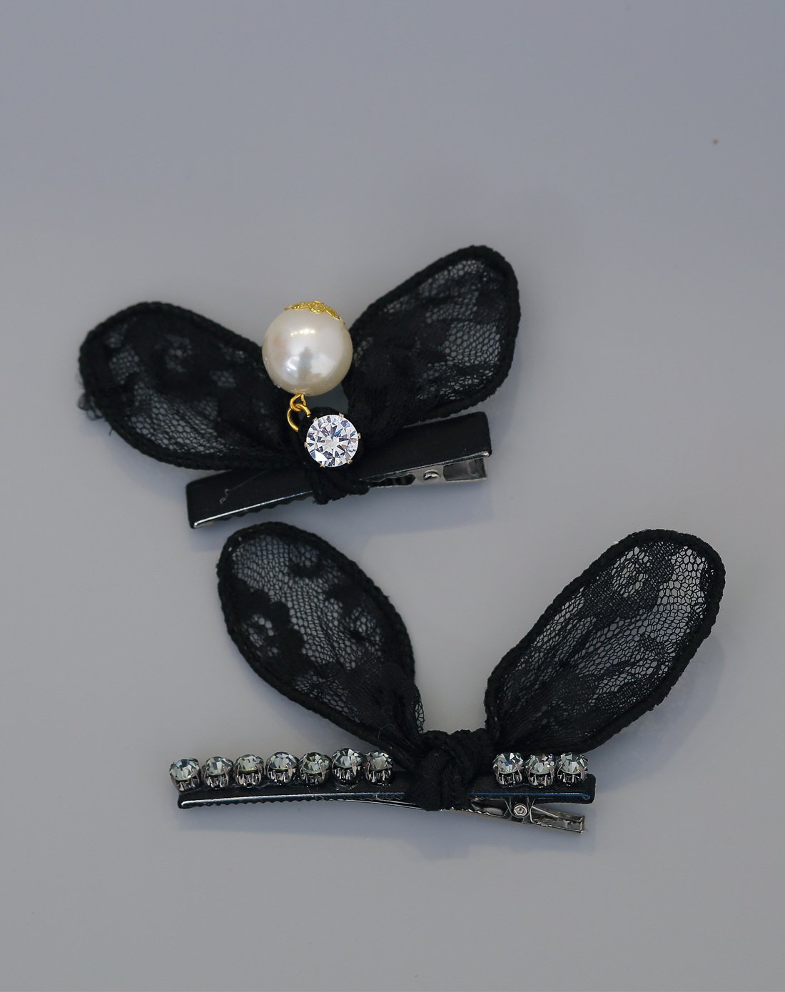 (新款)蕾丝水钻兔耳朵发夹2只-黑色