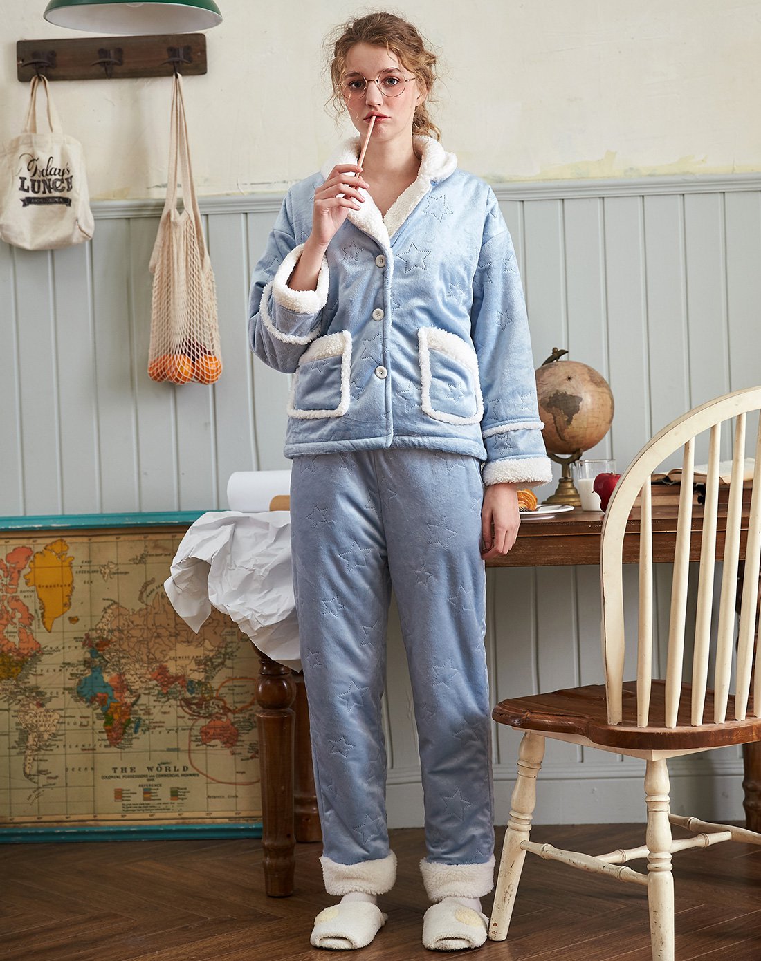 果壳家居服女简约翻领开衫睡衣冬套装