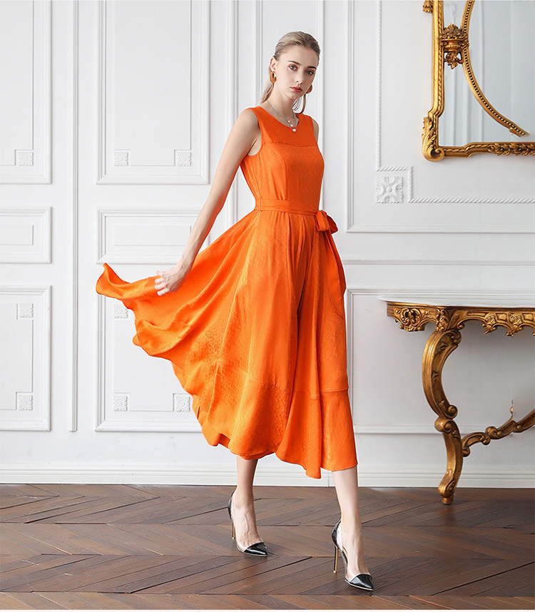 22姆米提花圆领无袖大摆礼服裙原创设计橙色真丝连衣裙