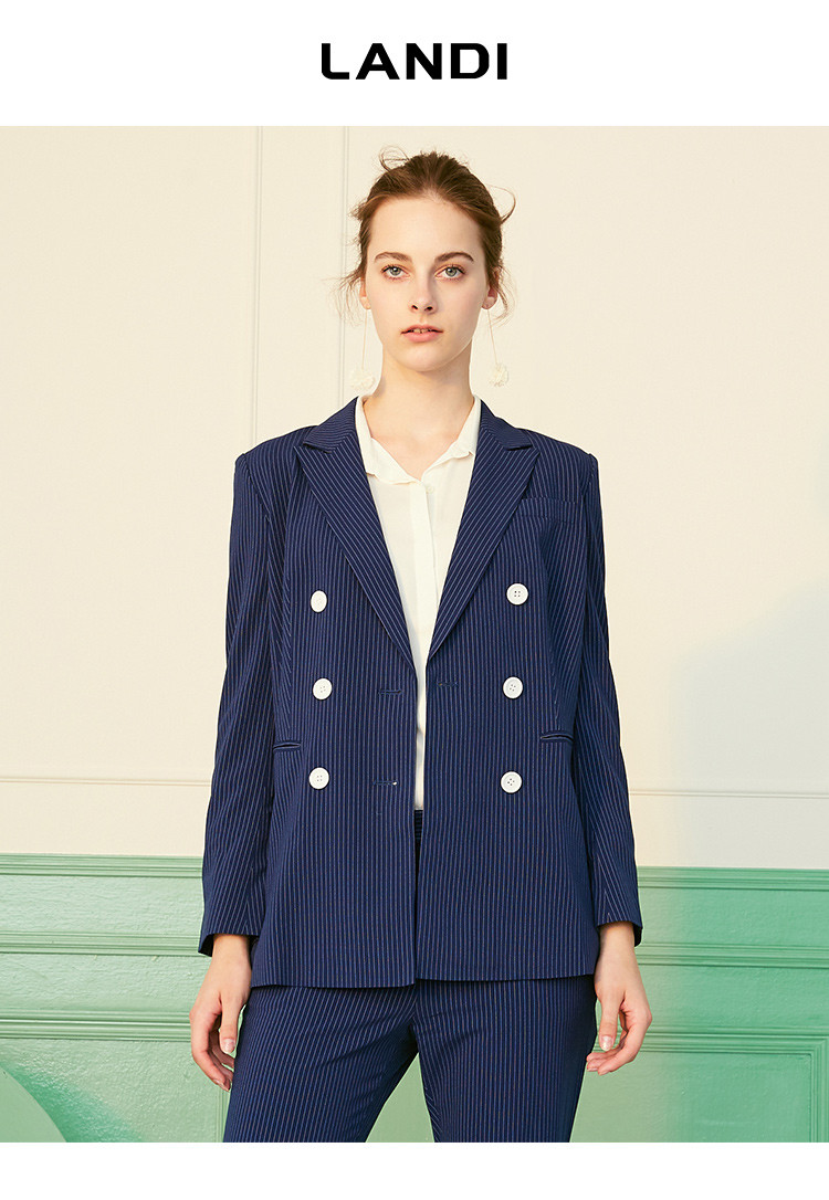 蓝地条纹修身显瘦西装女双排扣直筒西服外套