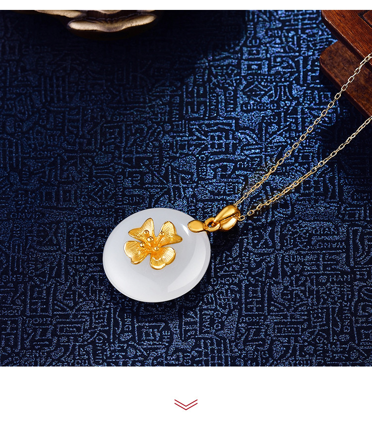 黄金吊坠足金镶天然和田玉平安扣挂坠兰花金镶玉吊坠/不含链女