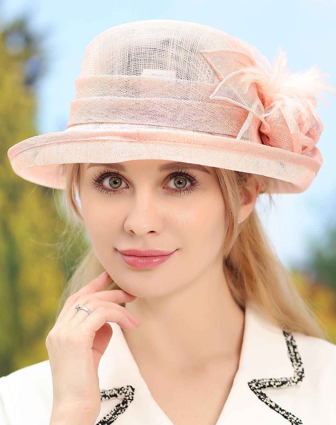卷边菲律宾麻羽毛麻纱礼帽子粉色