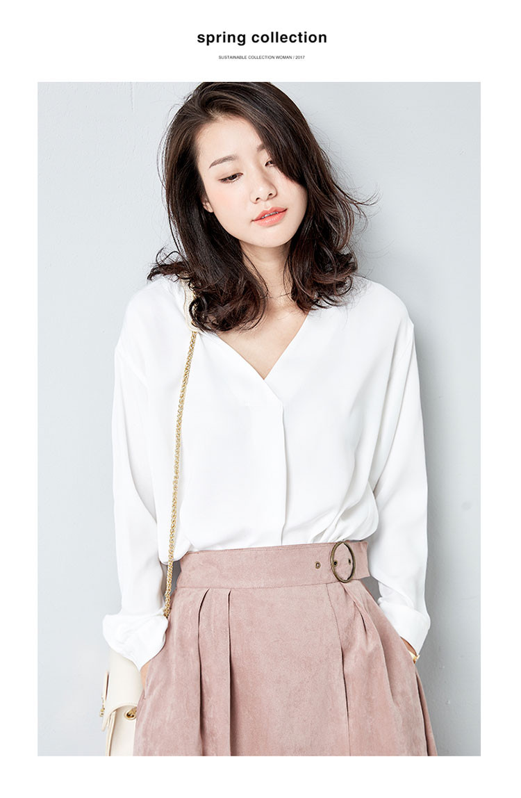 气质雪纺落肩袖v领套头衬衫