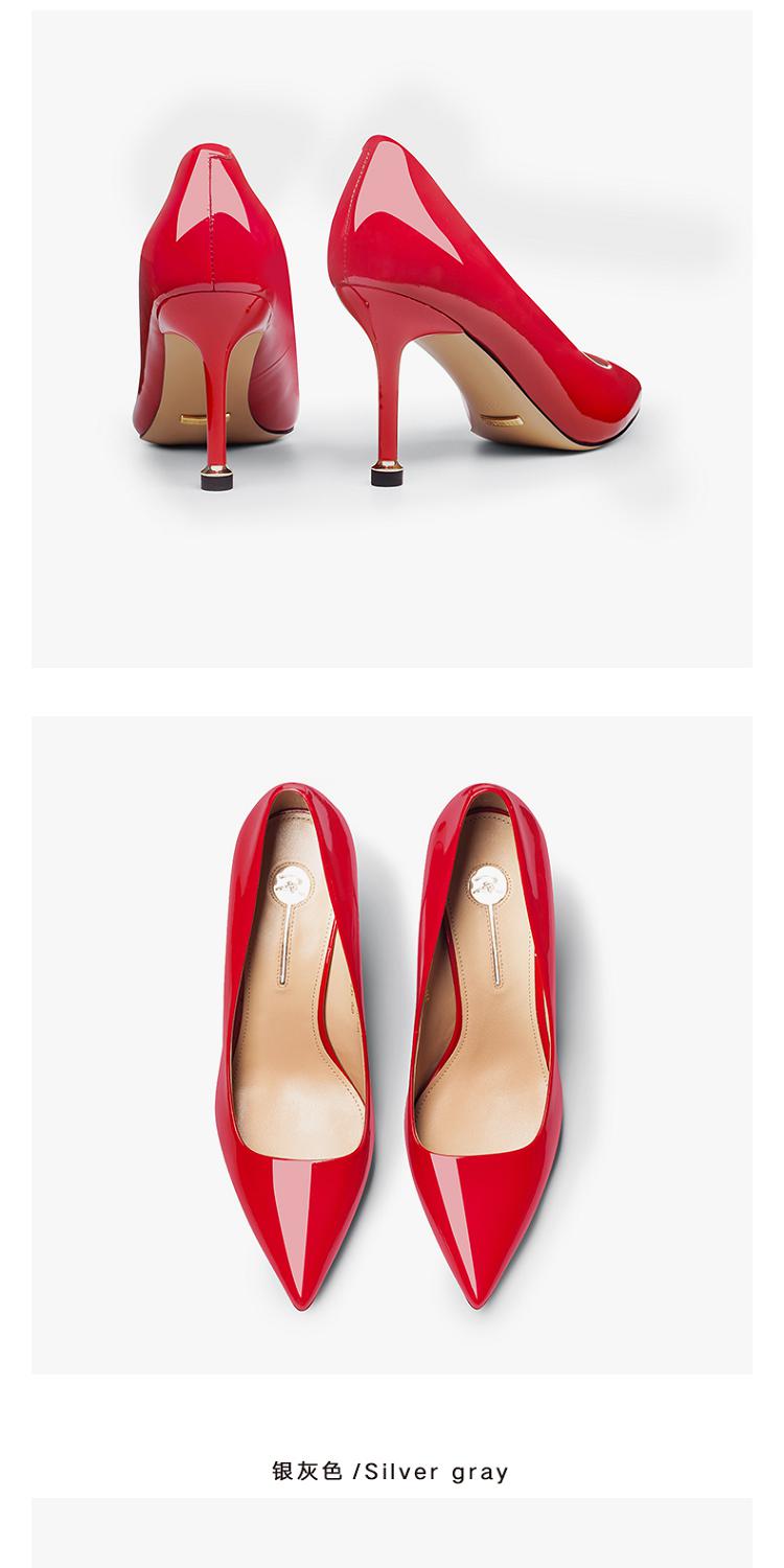 莎莎苏春夏新款高跟尖头牛漆皮复古感浅口单鞋结婚女鞋