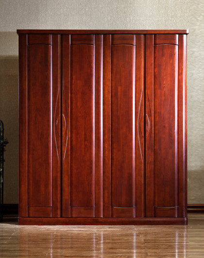 现代中式卧室经典栗色水曲柳实木四门大衣柜 衣橱