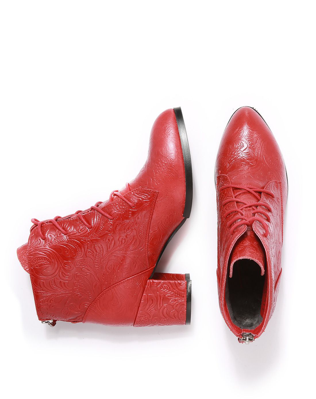 马克华菲新款牛皮花卉系带尖头短靴女鞋