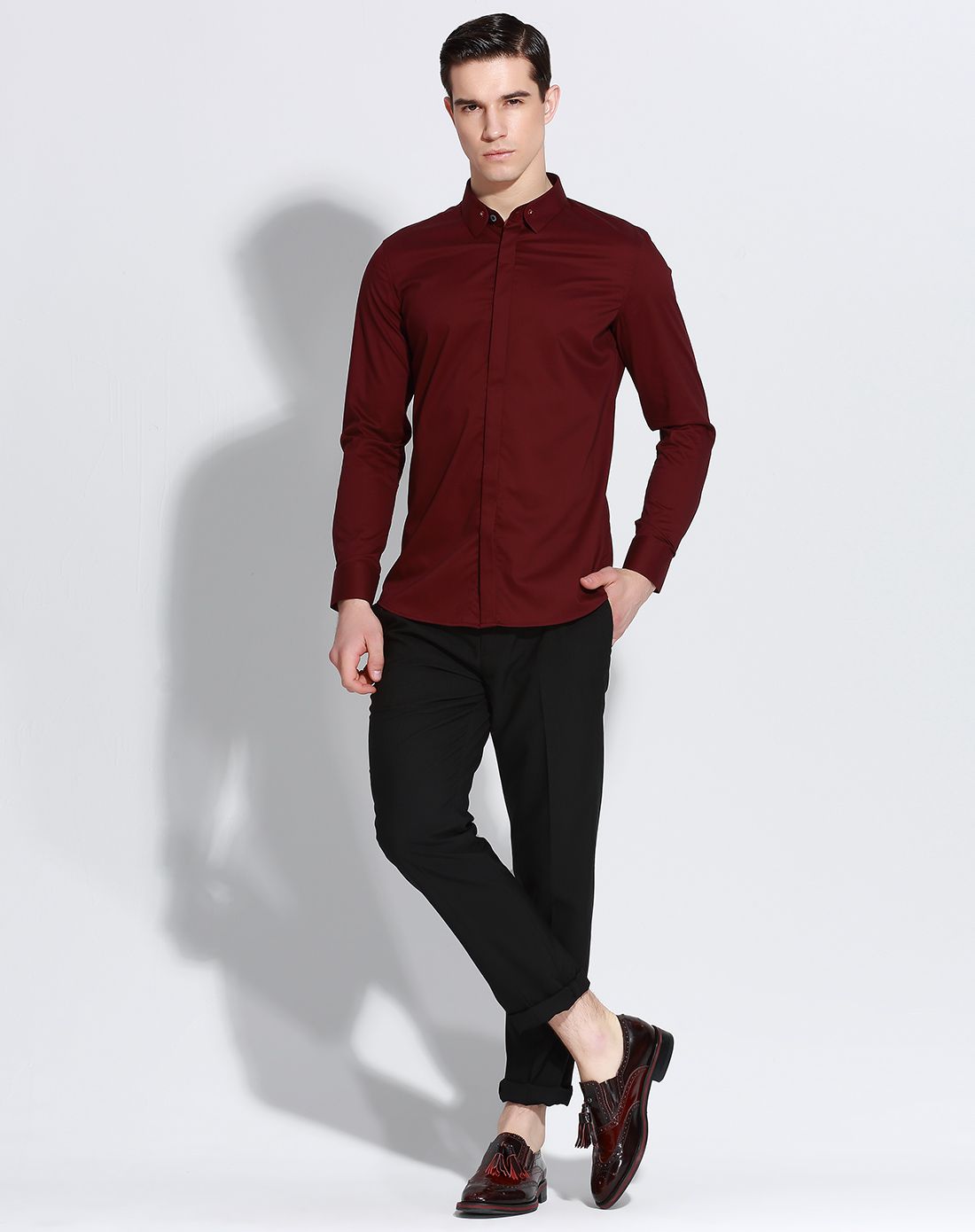 时尚简约休闲长袖衬衫深红色