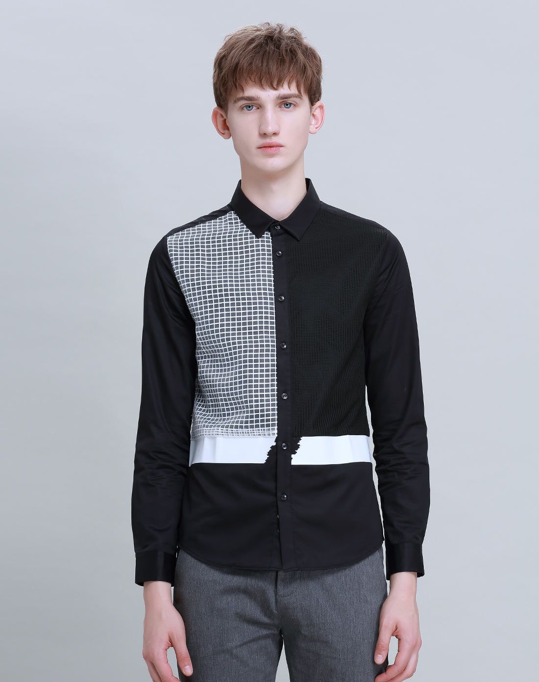 修身时尚黑白格拼接长袖衬衫