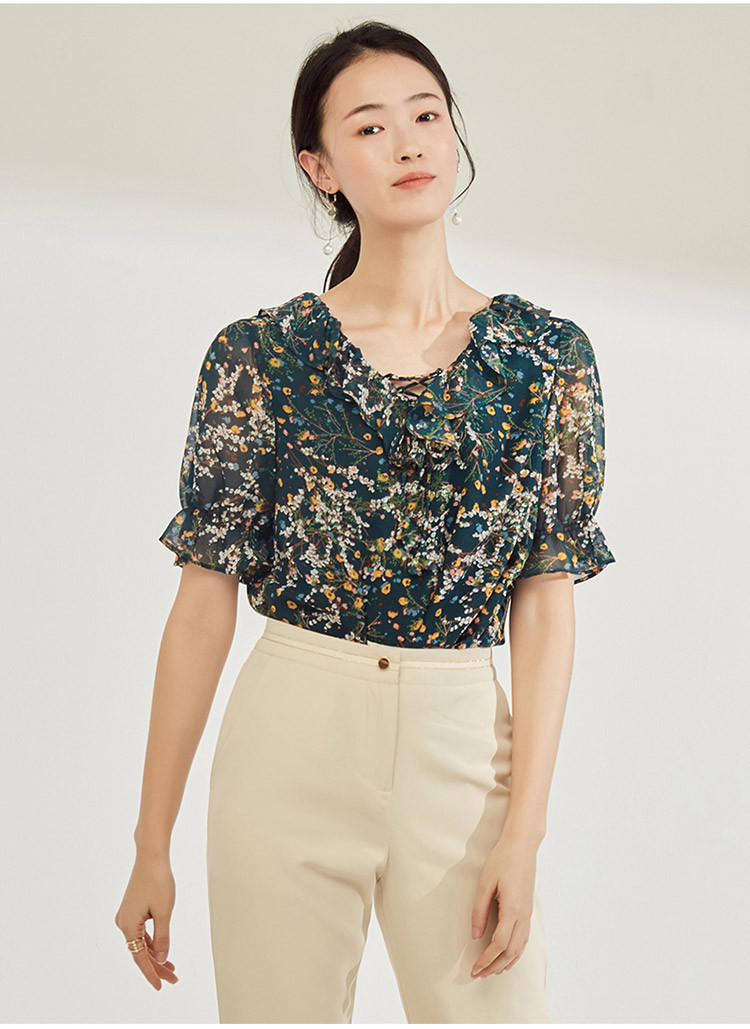 2019夏季新款短袖圆领散口袖印花女式衬衫上衣